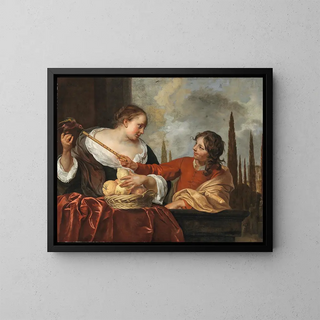 Jacob Van Loo - A lady with a parrot holding a basket of fruit and a young man with a flute.webp