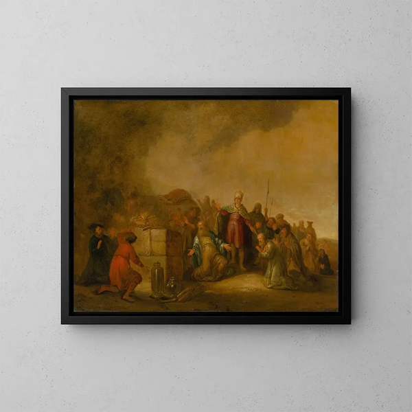 La ofrenda de Elías al dios Baal en el monte Carmelo - Jacob Willemsz de Wet — cuadro enmarcado en la pared