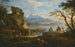 Scene of port with fishermen returning ashore, travelers setting up a camp, and two riders on a pass, mountains beyond - Jacob de Heusch — artwork view