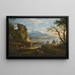 Scene of port with fishermen returning ashore, travelers setting up a camp, and two riders on a pass, mountains beyond - Jacob de Heusch — framed artwork on a wall