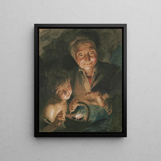 Jacob de Wit - Old woman and boy warming their hands.webp