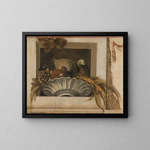 naturaleza muerta con un bol de maíz, alcachofas, uvas y un loro - Jacob van Campen — cuadro enmarcado en la pared