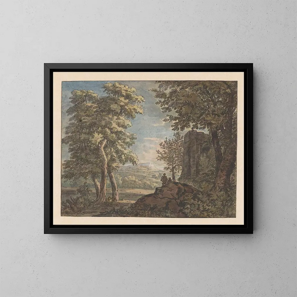 Paisaje arcadiano con ruinas antiguas y dos hombres - Jacob van Liender — cuadro enmarcado en la pared