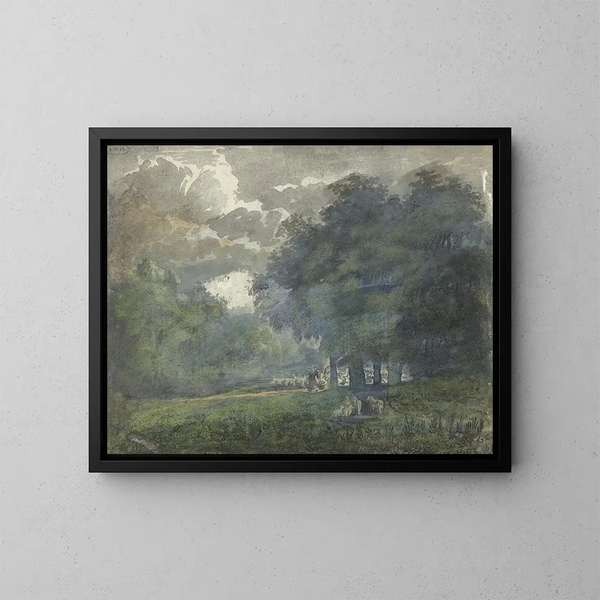 de pastores con un rebaño en un paisaje boscoso - Jacob van Liender — cuadro enmarcado en la pared