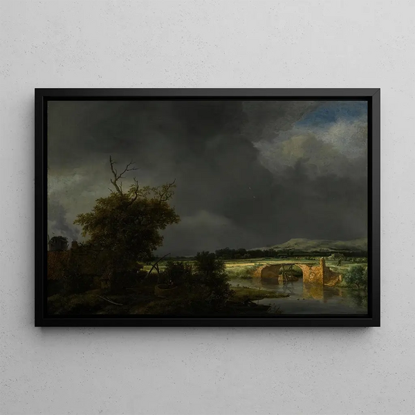 Jacob van Ruisdael - Landscape with a cottage and stone bridge under a cloudy sky.webp