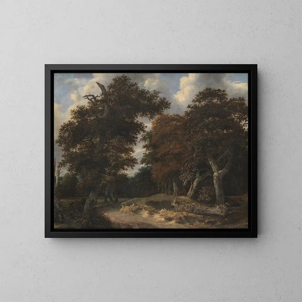Route à travers une forêt de chênes - Jacob van Ruisdael — framed artwork on a wall