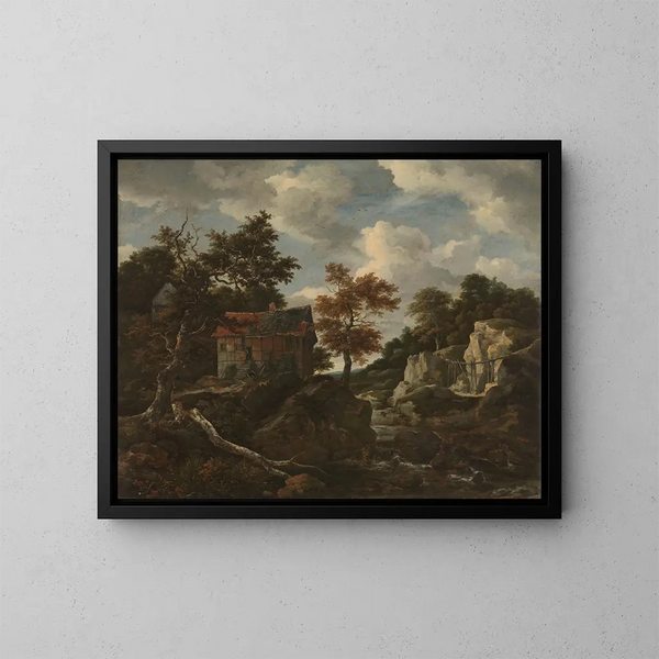 Landscape painting with rocky scenery - Jacob van Ruisdael — framed artwork on a wall