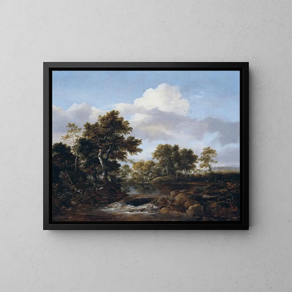 Landscape painting with a stream - Jacob van Ruisdael — framed artwork on a wall