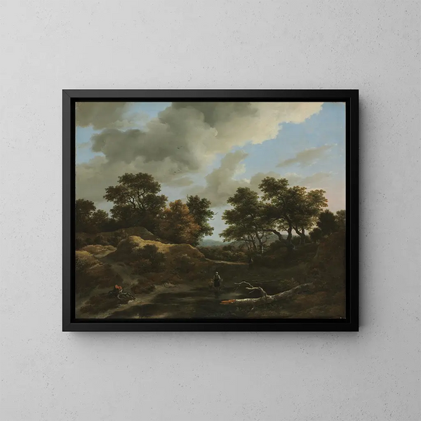 Landscape painting of wooded and hilly scenery - Jacob van Ruisdael — framed artwork on a wall