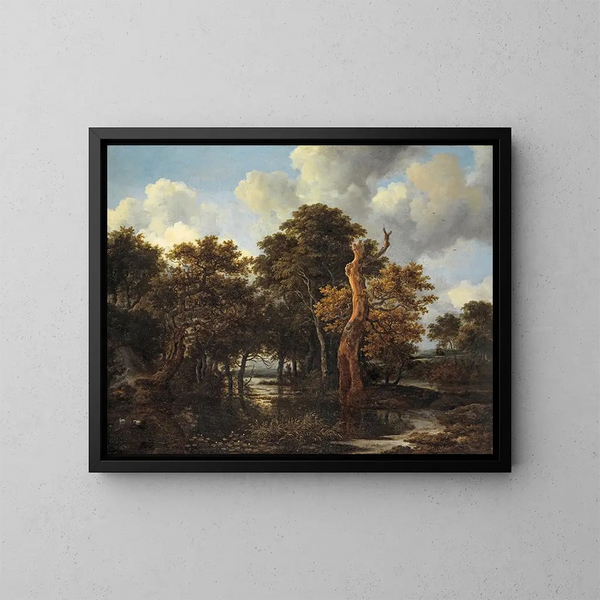 Landscape marshy wooden painting with a dead tree - Jacob van Ruisdael — framed artwork on a wall