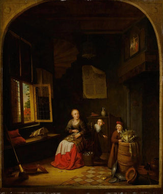 Jacob van Spreeuwen - Interior of a kitchen with a seated woman peeling onions a child hiding behind her and a child holding a cabbage on a barrel.webp
