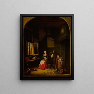 Jacob van Spreeuwen - Interior of a kitchen with a seated woman peeling onions a child hiding behind her and a child holding a cabbage on a barrel.webp