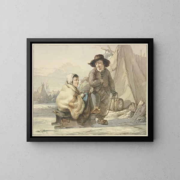 niña en un trineo con un niño en un campamento - Jacob van Strij — cuadro enmarcado en la pared