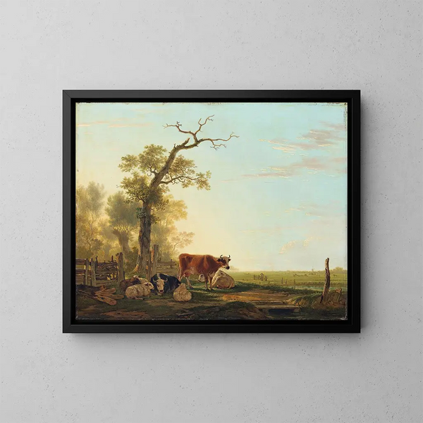Paisaje de pradera con animales - Jacob van Strij — cuadro enmarcado en la pared