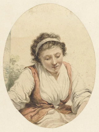 Jacob van Strij - Vrouw met rood vest en wit lint in het haar.webp
