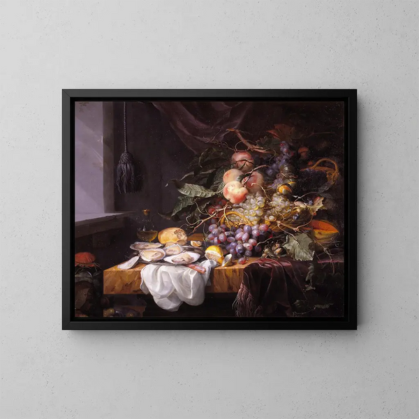 naturaleza muerta con frutas y ostras - Jacob van Walscapelle — cuadro enmarcado en la pared