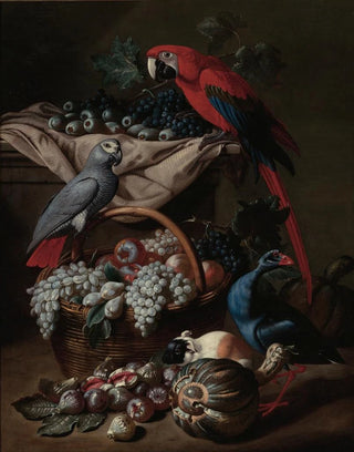 Jacob van de Kerckhoven - Still Life With Two Parrots A Guinea Pig A Basket Of Fruit And Fowl.webp