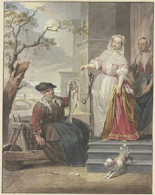 Jacobus Buys - Eine Dame steht mit ihrer Magd vor ihrem Haus und handelt mit einer Fischverkuferin.webp