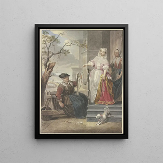 Jacobus Buys - Eine Dame steht mit ihrer Magd vor ihrem Haus und handelt mit einer Fischverkuferin.webp