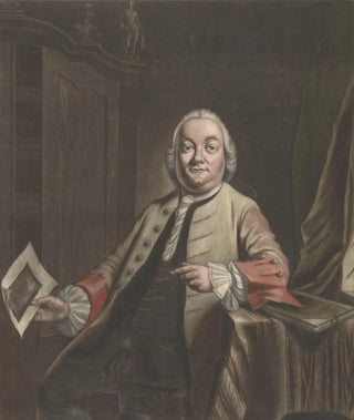 Jacobus Buys - Portret van Simon Fokke met in zijn hand de prent van de plundering van het huis van Gerrit Hagedooren.webp