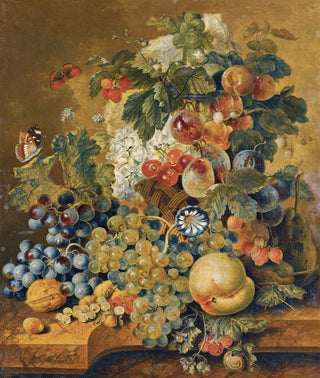 Jacobus Linthorst - A Still Life With A Basket Of Fruit Nuts And Flowers On A Stone Ledge.webp