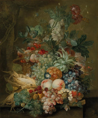 Jacobus Linthorst - Grapes peaches sweetcorn a pineapple poppies and other fruit and flowers in a wicker basket on a ledge.webp