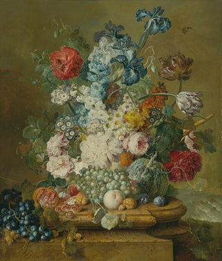 Jacobus Linthorst - Still Life Of Peonies Primroses Irises Tulips A Poppy And Other Flowers With Grapes A Melon A Pomegranate Peaches Plums And Nuts.webp