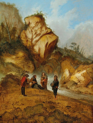 Jacobus Sibrandi Mancadan - A rocky landscape with miners at a waterfall.webp