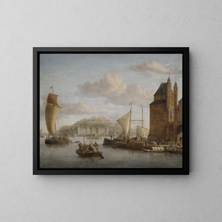 Jacobus Storck - Nrdlicher Hafen an einem Schloss mit zahlreichen Lastbooten und Kaufleuten.webp