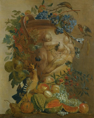 Jacobus Vonck - A Still Life Of Melons Grapes Peaches And Other Fruits In A Stone Urn With Birds.webp