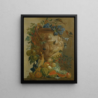 Jacobus Vonck - A Still Life Of Melons Grapes Peaches And Other Fruits In A Stone Urn With Birds.webp