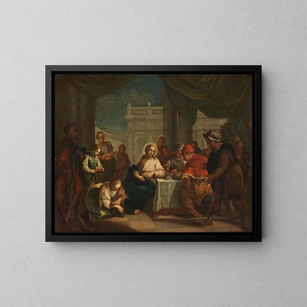 Christ and Mary Magdalene at the foot washing - Jacopo Amigoni — framed artwork on a wall