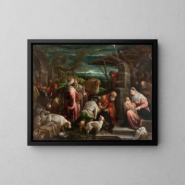Adoración de los Reyes Magos - Jacopo Bassano — cuadro enmarcado en la pared