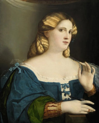 Jacopo Palma Il Vecchio - Young Woman in a Blue Dress with Fan.webp