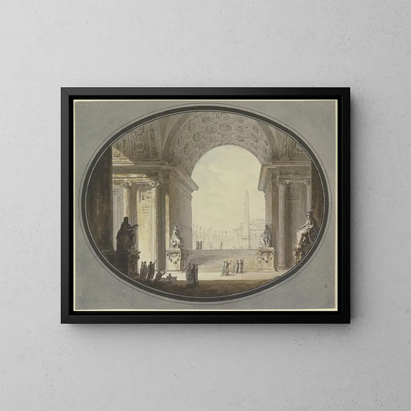 Vista a través de una bóveda de cañón con dovelas en una plaza inspirada en la plaza San Pedro en Roma, con en la cima un edificio que se asemeja al Panteón romano. - Jacques-François Blondel — cuadro enmarcado en la pared