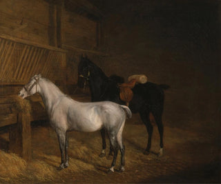 JacquesLaurent Agasse - A Grey Pony and a Black Charger in a Stable.webp