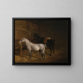JacquesLaurent Agasse - A Grey Pony and a Black Charger in a Stable.webp