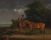 Un esposo montado en un caballo de caza alazán sosteniendo un caballo castaño por las riendas - Jacques-Laurent Agasse — vista de la obra