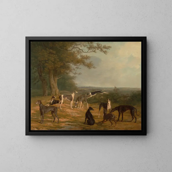 Nuevo galgos en un paisaje - Jacques-Laurent Agasse — cuadro enmarcado en la pared