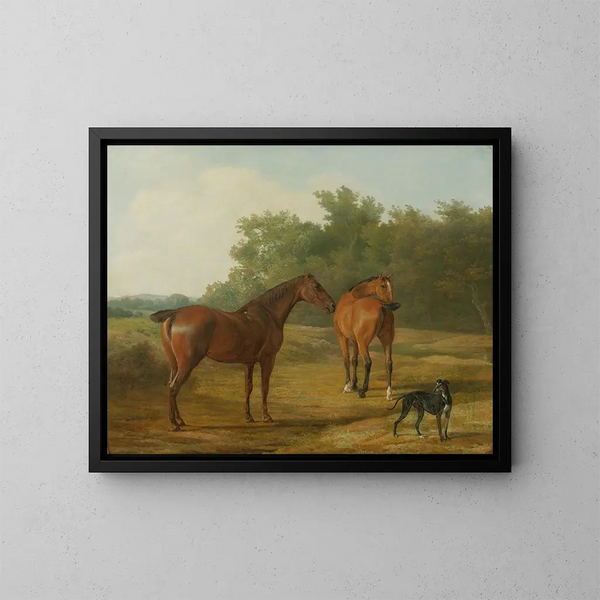 Dos caballos y un galgo en un paisaje - Jacques-Laurent Agasse — cuadro enmarcado en la pared