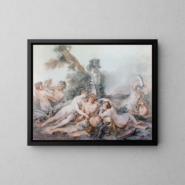 Nymphs and satyrs near a Bacchus fountain - Jacques-Philippe Caresme — framed artwork on a wall
