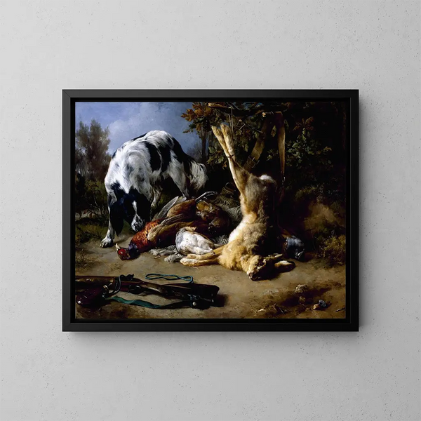 Spaniel con una naturaleza muerta de caza muerta - Jacques-Raymond Brascassat — cuadro enmarcado en la pared