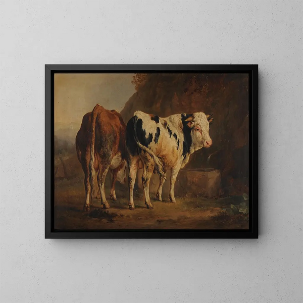 Toro con pelaje blanco y negro y vaca con pelaje marrón - Jacques-Raymond Brascassat — cuadro enmarcado en la pared