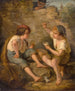Dos niños jugando a las cartas observados por un profesor detrás del muro de piedra - Jacques Alfred van Muyden — vista de la obra