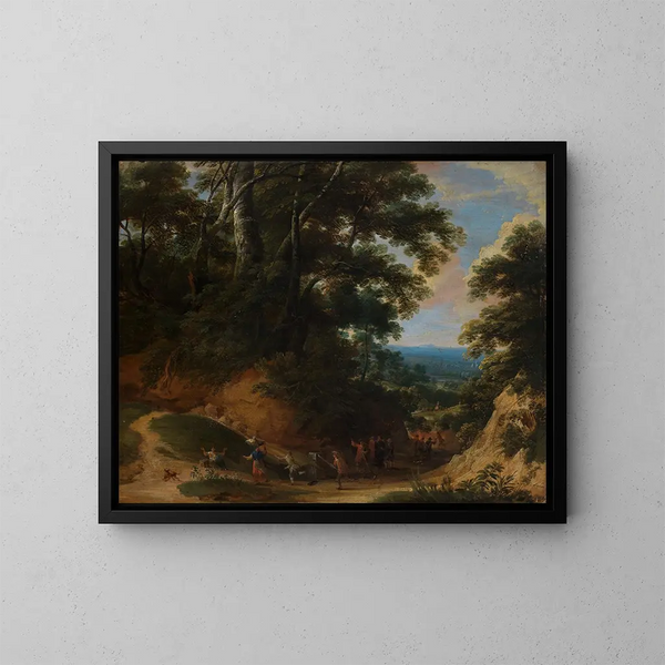 Camino estrecho con soldados atacando campesinos - Jacques d'Arthois — cuadro enmarcado en la pared