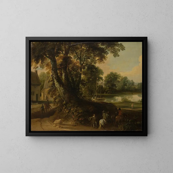 Paisaje con un grupo de árboles junto a un lago, tres jinetes en la carretera en primer plano - Jacques d'Arthois — cuadro enmarcado en la pared