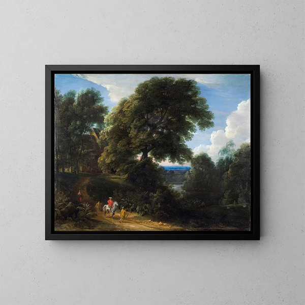 Paisaje con un jinete en rojo - Jacques d'Arthois — cuadro enmarcado en la pared
