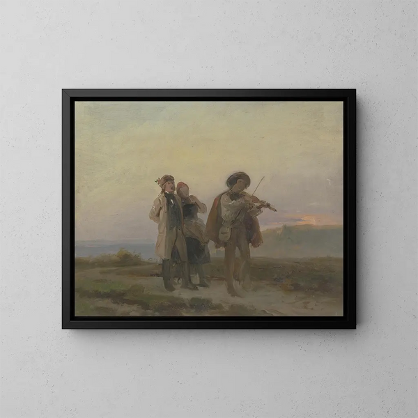 Paseo nocturno, violinista y pareja de campesinos en los campos - Jakob Becker — cuadro enmarcado en la pared