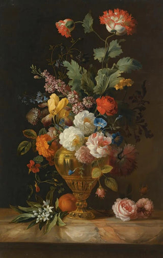 Jakob Bogdny - A Still Life Of Roses And Other Flowers In A Metal Vase On A Marble Ledge.webp