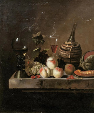 Jakob Bogdny - Still Life With Fruit A Wine Flask In A Basket And A Large Roemer.webp